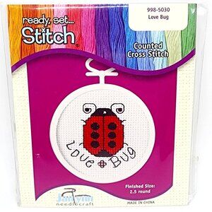Love Bug Lady Bug #998-5030 Counted Cross Stitch Janlynn Round Frame Picture